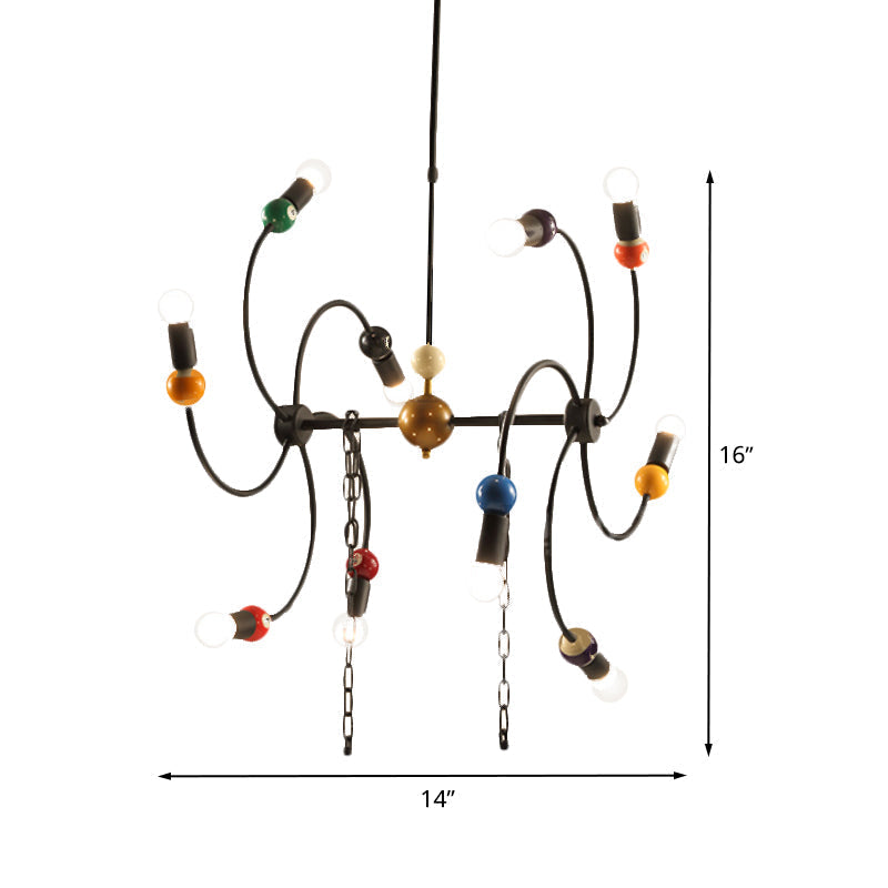 Industrial 10-Light Iron Chandelier With Billiard Deco And Chain For Restaurants - Black