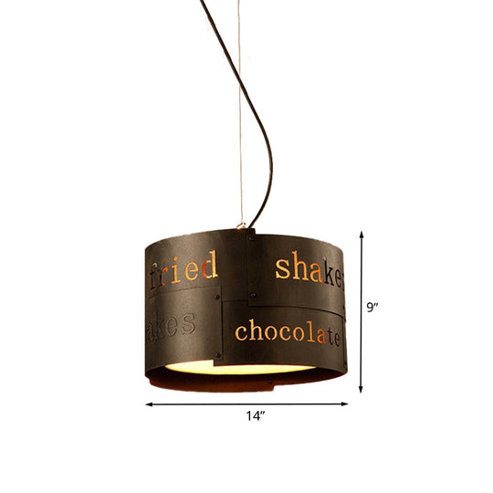 Antiqued Black Iron 3-Head Drum Chandelier - Stylish Ceiling Hang Fixture With Lettering Design