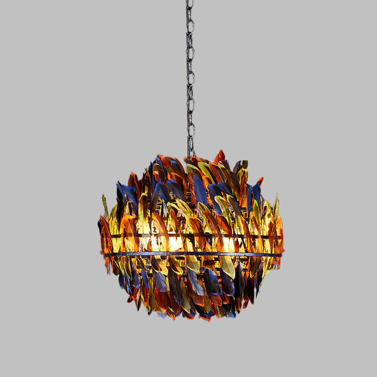 Iron Blue Chandelier With 4-Light Industrial Suspension And Feather Décor