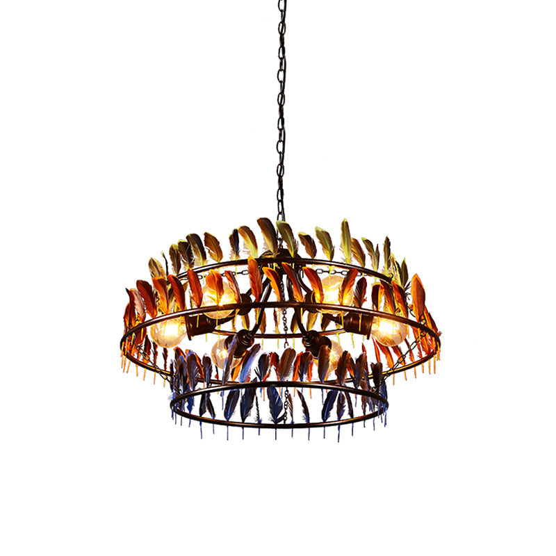 Art Deco Feather Metallic Chandelier Pendant Lamp - Red and Blue, 6-Bulb Hanging Light