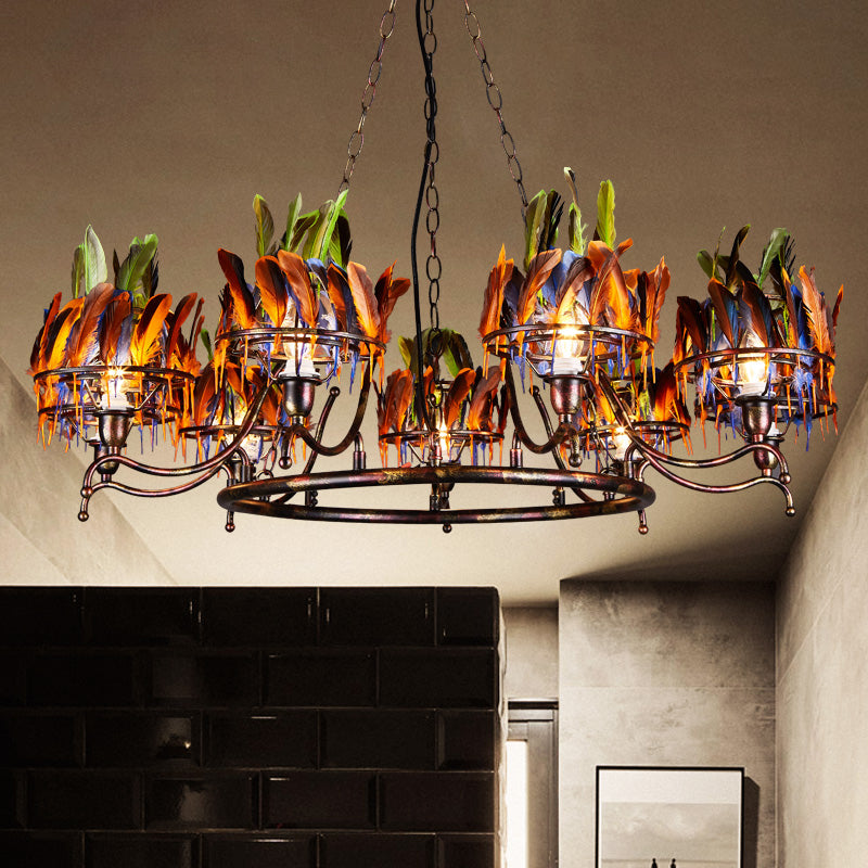 Industrial Iron Rusty Chandelier Light Fixture - 9 Lights, Round Hanging Ceiling Lamp with Colorful Feather Deco