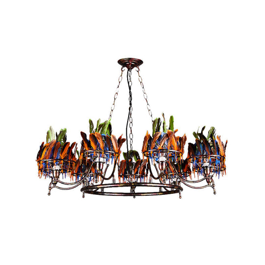 Industrial Iron Rusty Chandelier Light Fixture - 9 Lights, Round Hanging Ceiling Lamp with Colorful Feather Deco