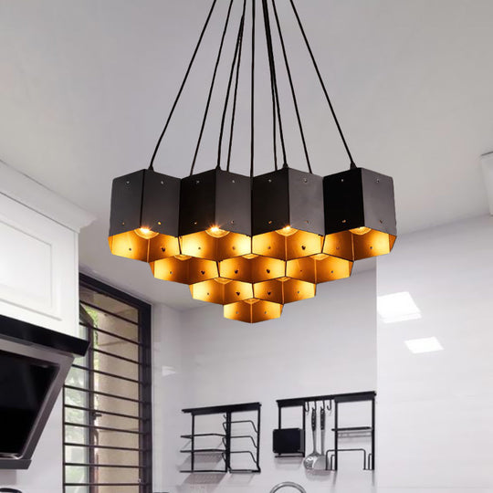 Vintage Hexagonal Chandelier with Black Honeycomb Design - 7/10/11 Down Lights for Restaurants