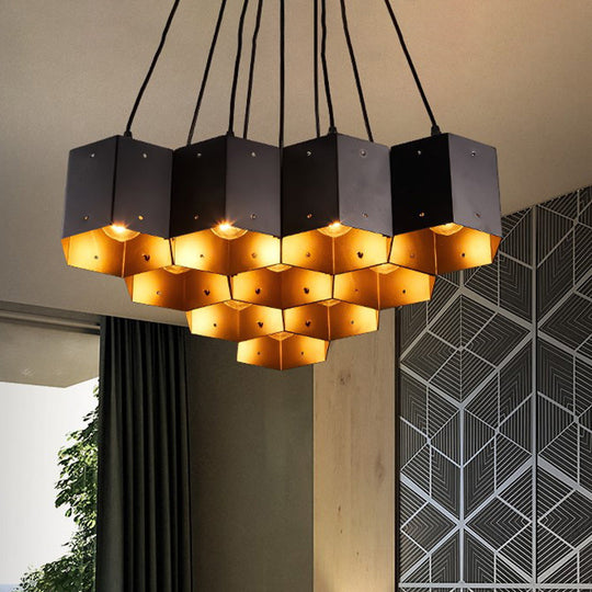 Vintage Hexagon Pendant Chandelier With Black Down Lighting & Honeycomb Design - 7/10/11 Lights