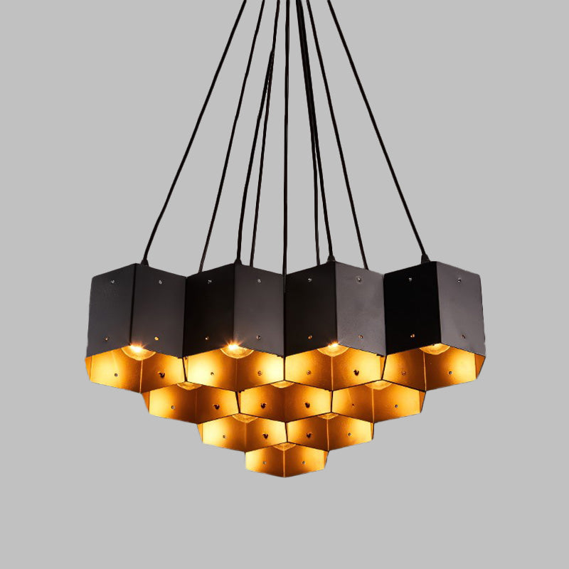 Vintage Hexagonal Chandelier with Black Honeycomb Design - 7/10/11 Down Lights for Restaurants