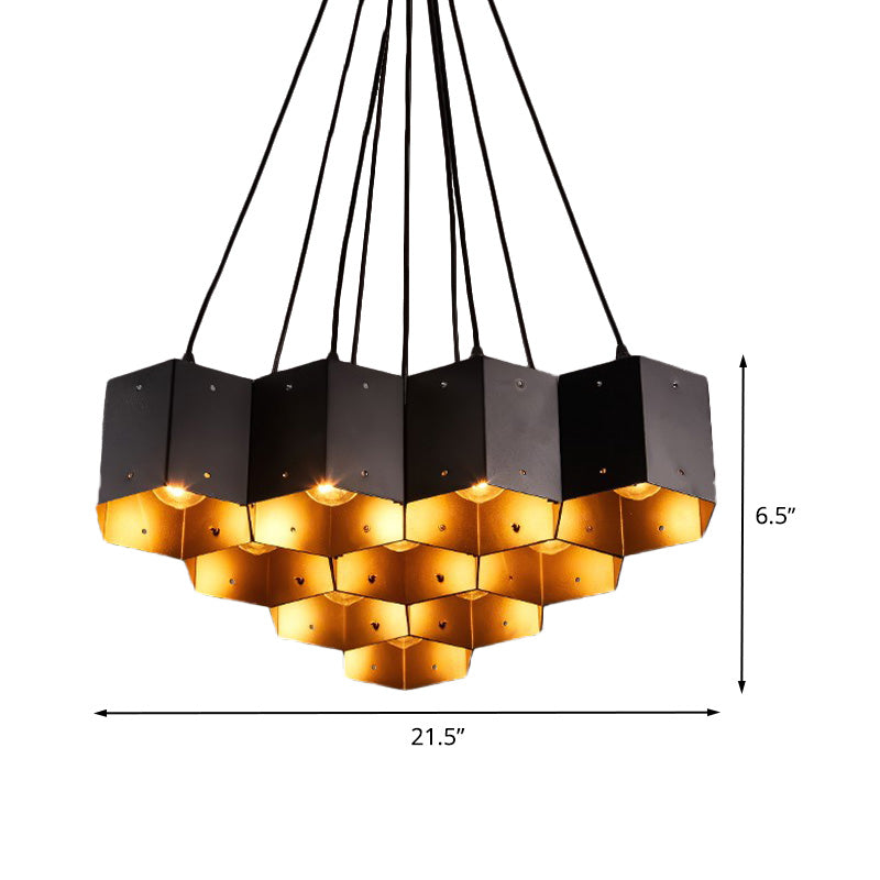 Vintage Hexagon Pendant Chandelier With Black Down Lighting & Honeycomb Design - 7/10/11 Lights