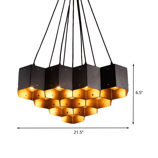 Vintage Hexagon Pendant Chandelier With Black Down Lighting & Honeycomb Design - 7/10/11 Lights