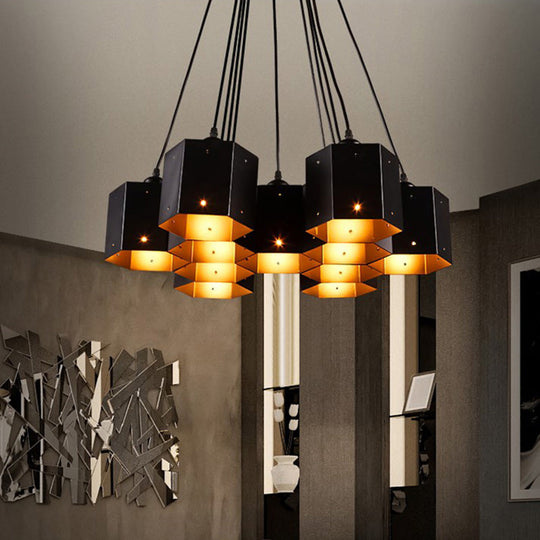 Vintage Hexagon Pendant Chandelier With Black Down Lighting & Honeycomb Design - 7/10/11 Lights 11 /