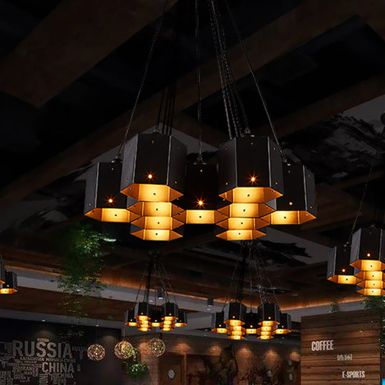 Vintage Hexagon Pendant Chandelier With Black Down Lighting & Honeycomb Design - 7/10/11 Lights