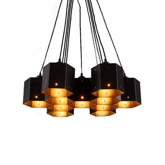 Vintage Hexagon Pendant Chandelier With Black Down Lighting & Honeycomb Design - 7/10/11 Lights