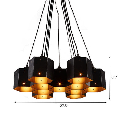 Vintage Hexagon Pendant Chandelier With Black Down Lighting & Honeycomb Design - 7/10/11 Lights