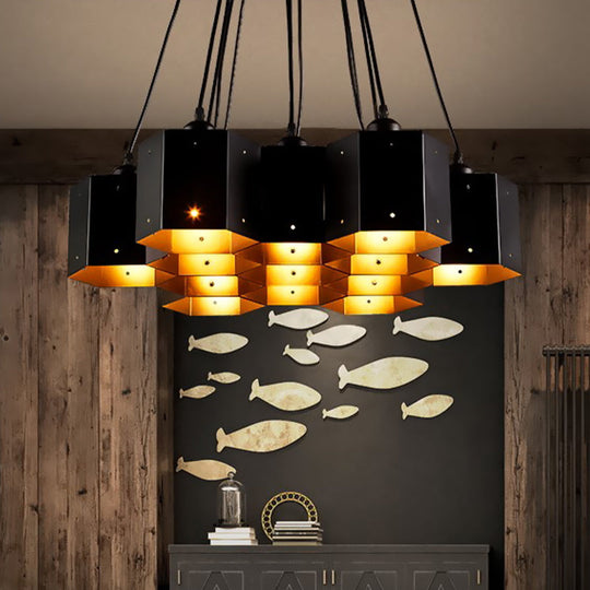 Vintage Hexagonal Chandelier with Black Honeycomb Design - 7/10/11 Down Lights for Restaurants