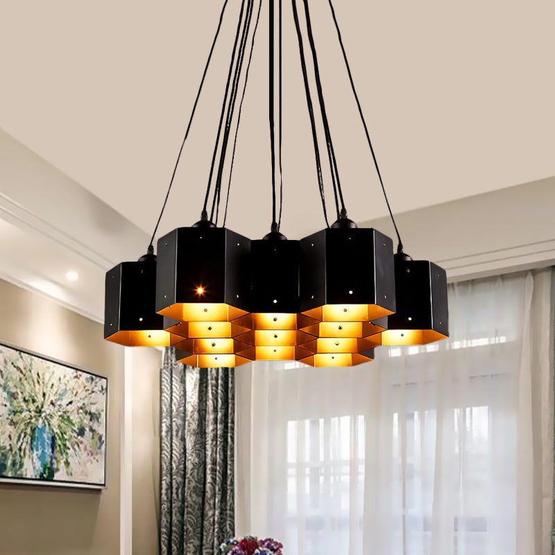 Vintage Hexagon Pendant Chandelier With Black Down Lighting & Honeycomb Design - 7/10/11 Lights