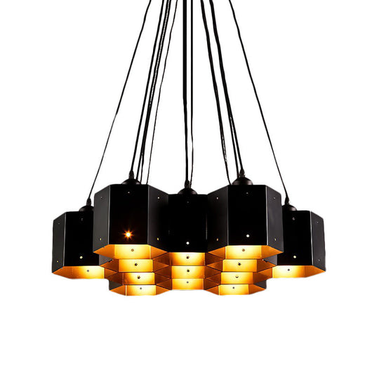 Vintage Hexagon Pendant Chandelier With Black Down Lighting & Honeycomb Design - 7/10/11 Lights