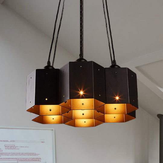 Vintage Hexagonal Chandelier with Black Honeycomb Design - 7/10/11 Down Lights for Restaurants