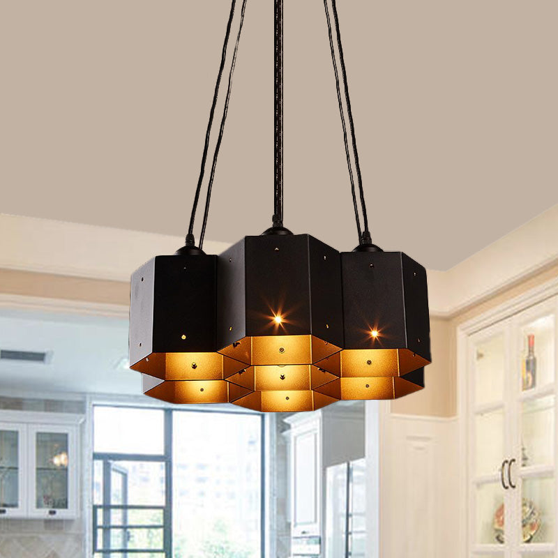 Vintage Hexagon Pendant Chandelier With Black Down Lighting & Honeycomb Design - 7/10/11 Lights