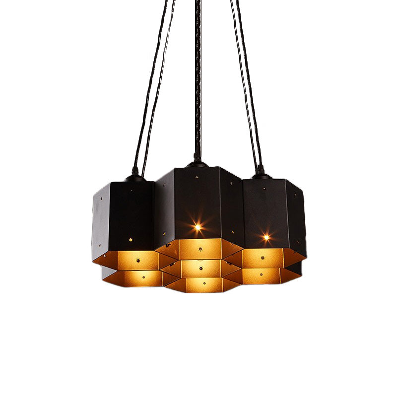 Vintage Hexagon Pendant Chandelier With Black Down Lighting & Honeycomb Design - 7/10/11 Lights