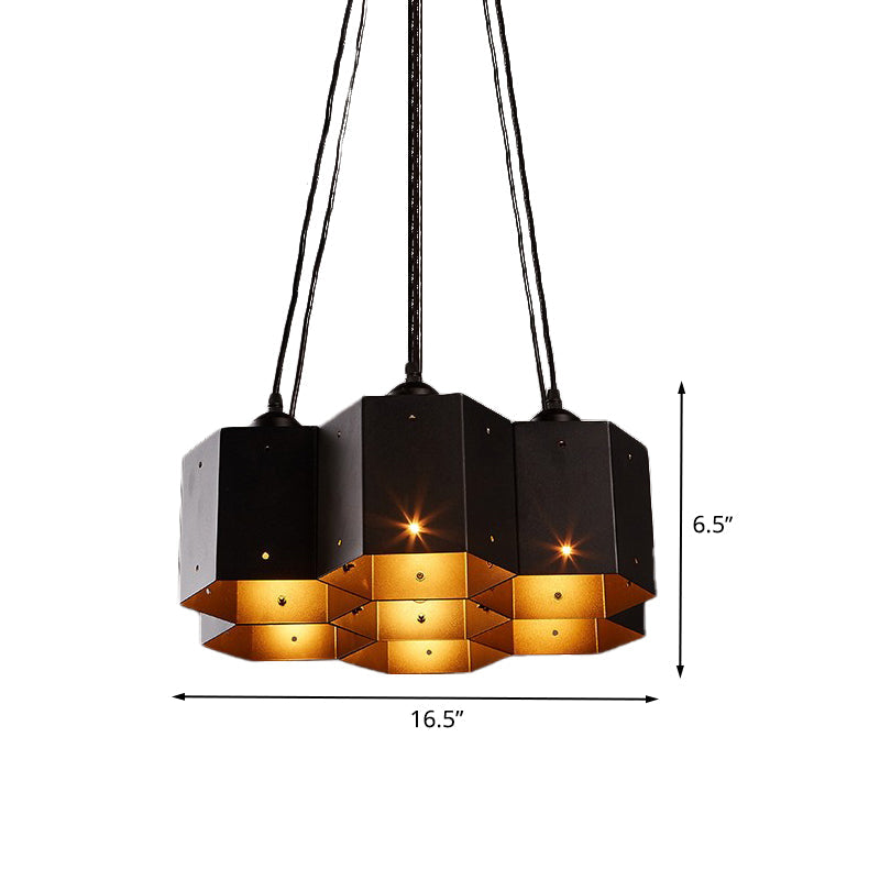 Vintage Hexagon Pendant Chandelier With Black Down Lighting & Honeycomb Design - 7/10/11 Lights