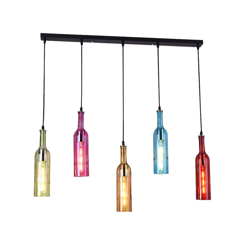 Vintage Black Bottle Cluster Pendant Lamp with Colorful Glass Shades - Perfect for Restaurants!