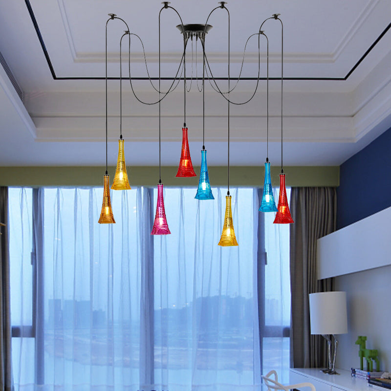 Black Eiffel Tower Shape Pendant Swag Ceiling Fixture With Colorful Glass: 8-Bulb Multi Light