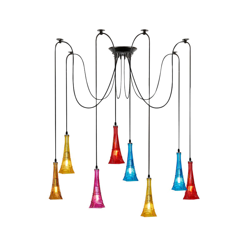 Black Eiffel Tower Shape Pendant Swag Ceiling Fixture With Colorful Glass: 8-Bulb Multi Light