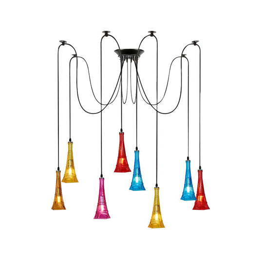 Black Eiffel Tower Shape Pendant Swag Ceiling Fixture With Colorful Glass: 8-Bulb Multi Light