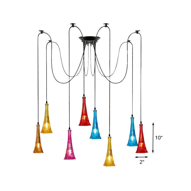 Black Eiffel Tower Shape Pendant Swag Ceiling Fixture With Colorful Glass: 8-Bulb Multi Light