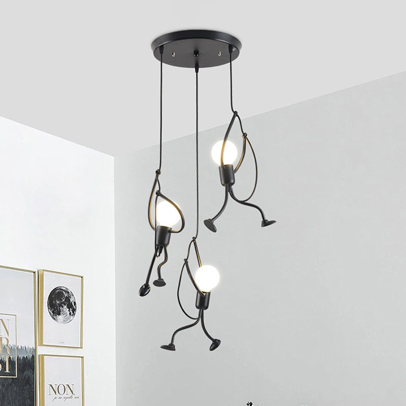 Industrial Hanging Light Fixture - Iron Human Shape With 3-Bulb Cluster In Black Perfect For