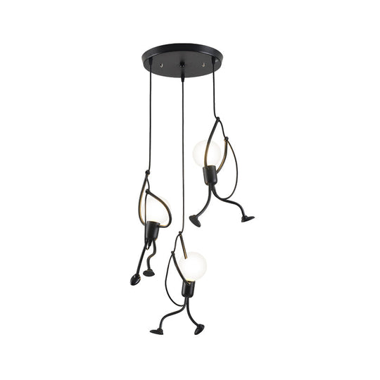 Industrial Hanging Light Fixture - Iron Human Shape With 3-Bulb Cluster In Black Perfect For