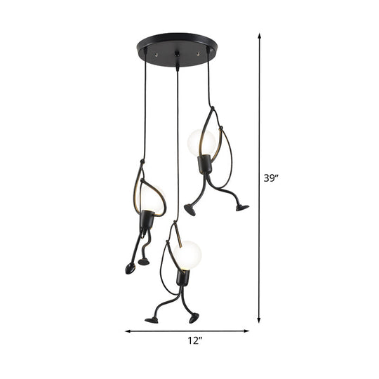 Industrial Hanging Light Fixture with Human Shape Design - 3-Bulb Restaurant Pendant Lamp in Black