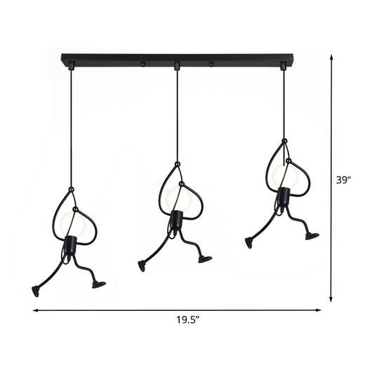 Industrial Hanging Light Fixture - Iron Human Shape With 3-Bulb Cluster In Black Perfect For