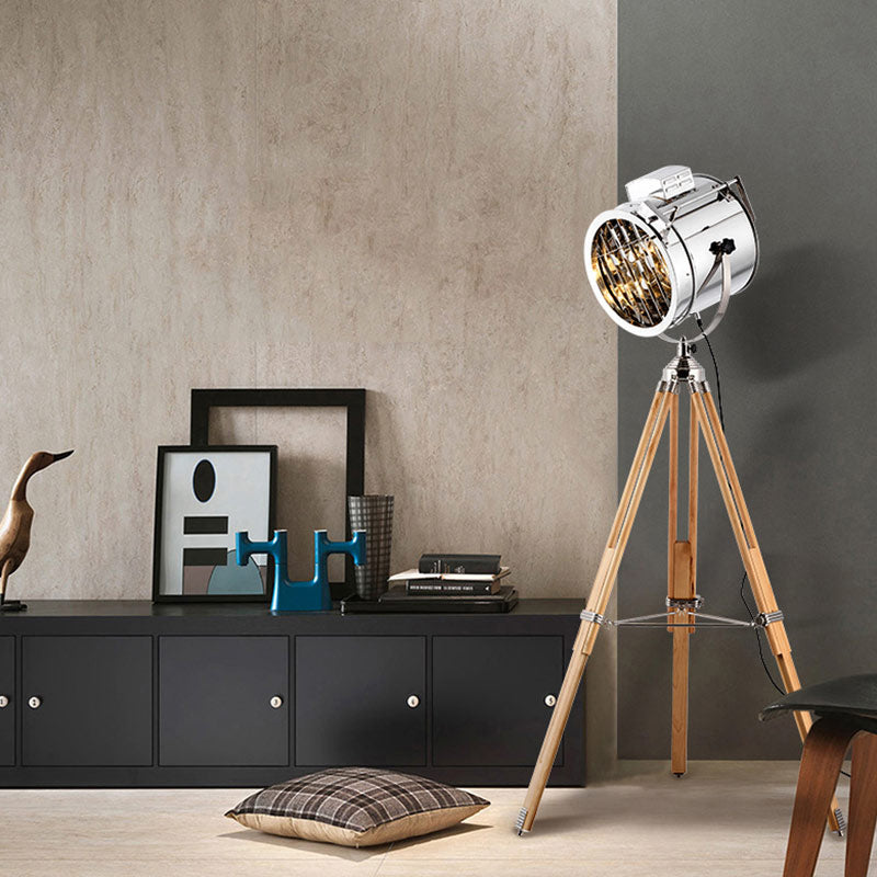 Industrial Style 1-Head Metallic Cylinder Spotlight Floor Lamp In Black/Wood With Tripod