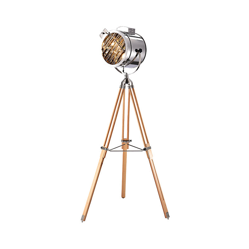 Industrial Style 1-Head Metallic Cylinder Spotlight Floor Lamp In Black/Wood With Tripod