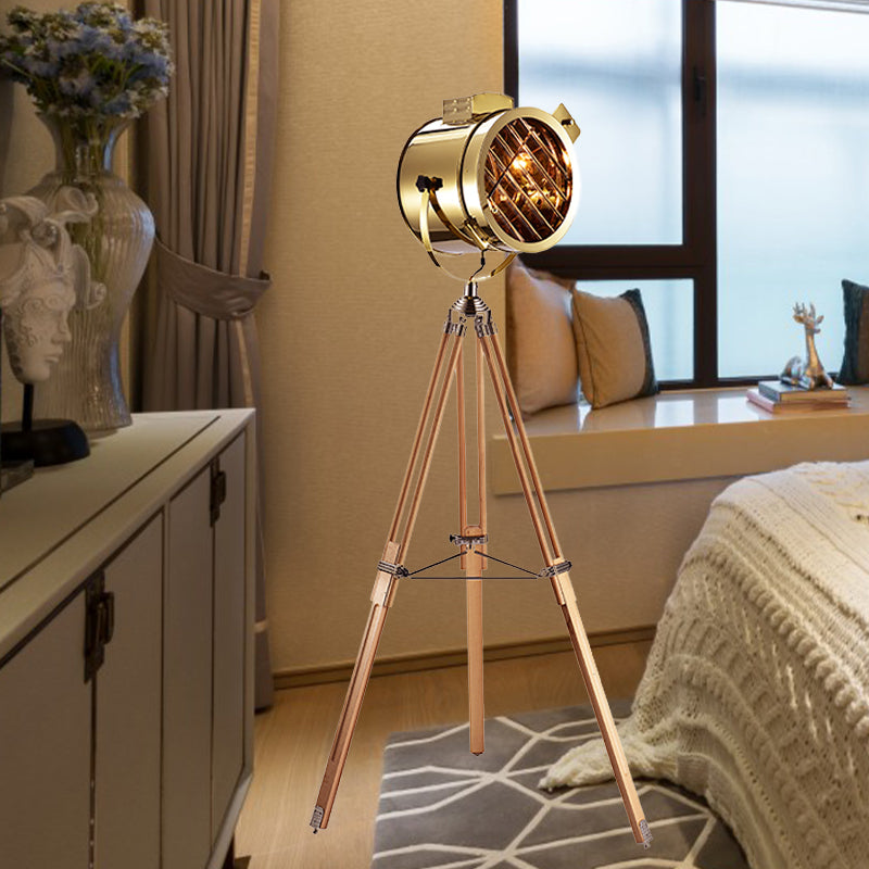 Vintage Metal Spotlight Floor Lamp With Tripod Stand - Black/Wood Perfect For Living Room Lighting