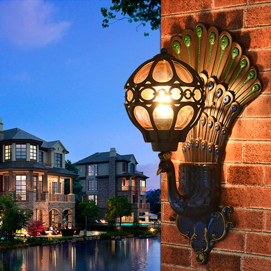 Industrial Metal Wall Sconce With Lake Blue Globe & Peacock Backplate