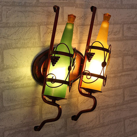 Art Deco Wall Mount Lighting With Wine Rack Backplate - 2 Bulbs Yellow/Green/Red/White Glass Copper