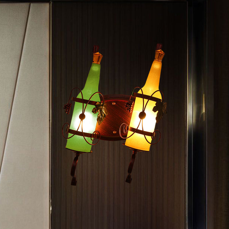 Art Deco Wall Mount Lighting With Wine Rack Backplate - 2 Bulbs Yellow/Green/Red/White Glass Copper