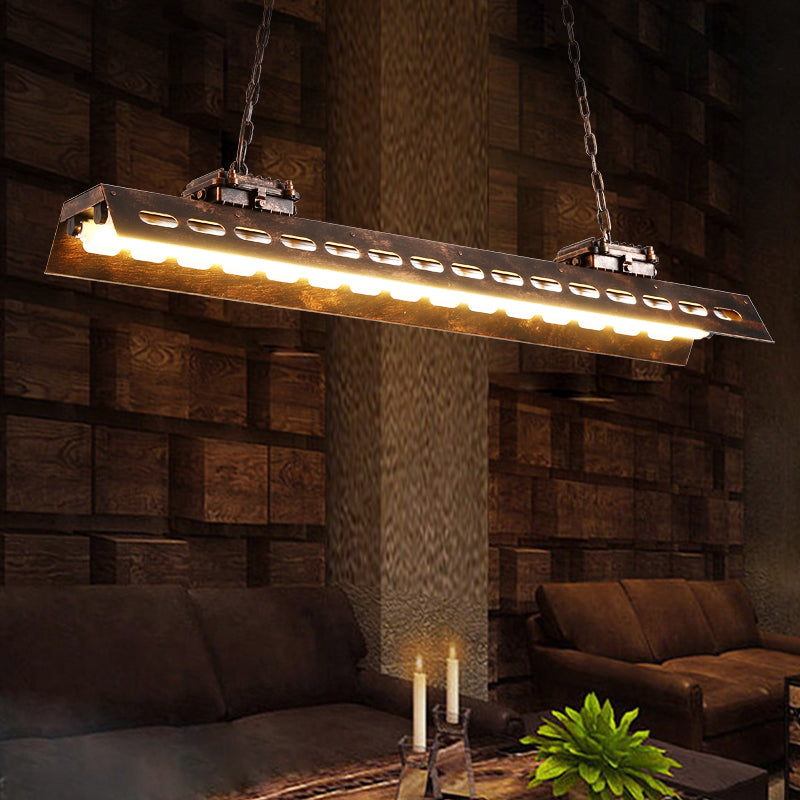 Antiqued Iron Rectangle Restaurant Island Lighting Fixture - Rust Finish 2 Bulbs Ceiling Hang