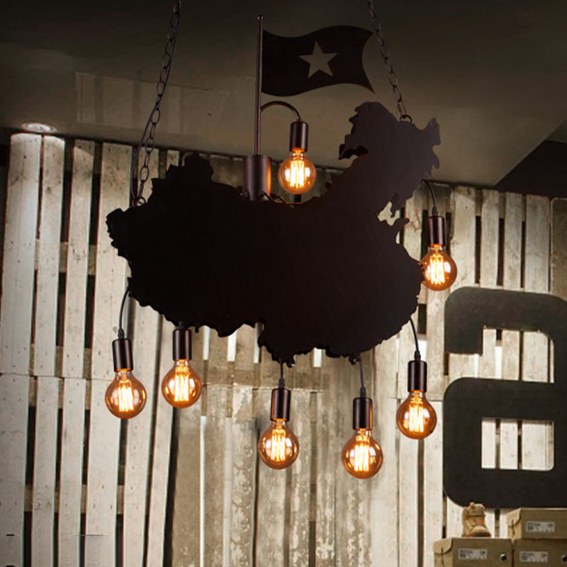 Industrial Island Pendant Lamp - Iron Panel Black Hanging Light Kit 7 Bulbs Map And Flag Shape