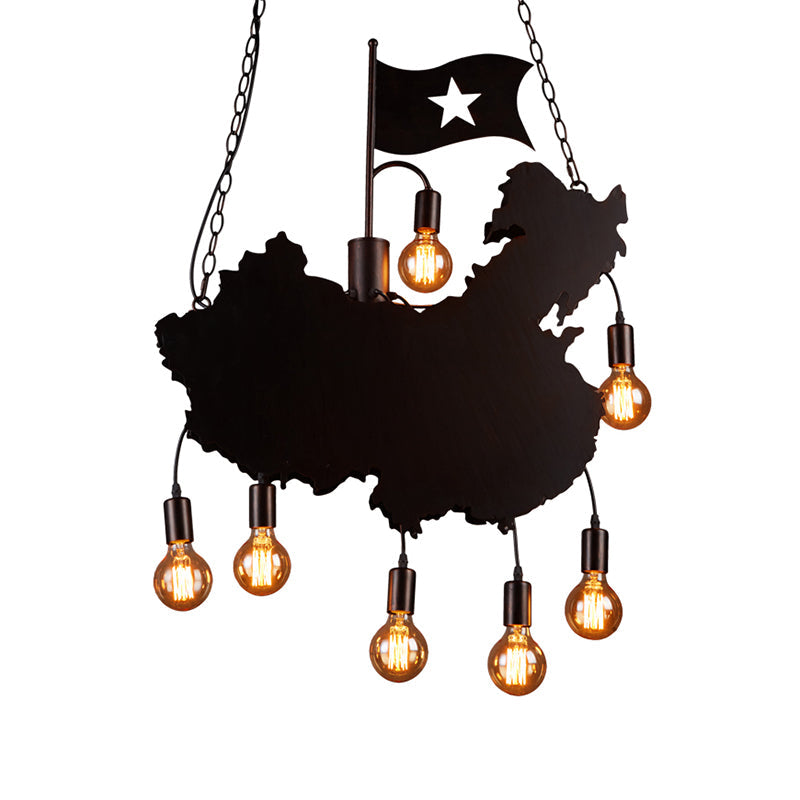 Industrial Island Pendant Lamp - Iron Panel Black Hanging Light Kit 7 Bulbs Map And Flag Shape