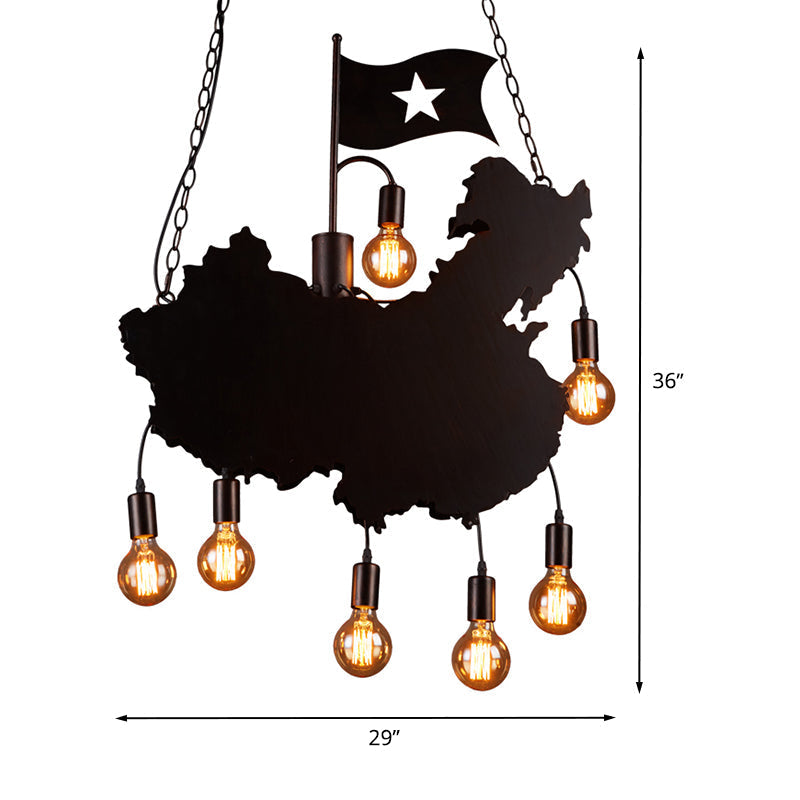 Industrial Island Pendant Lamp - Iron Panel Black Hanging Light Kit 7 Bulbs Map And Flag Shape