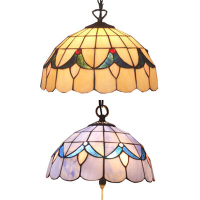 Handcrafted Beige/Blue Art Glass Dome Ceiling Lamp - Antique Pendant Light with Suspension - 1 Bulb