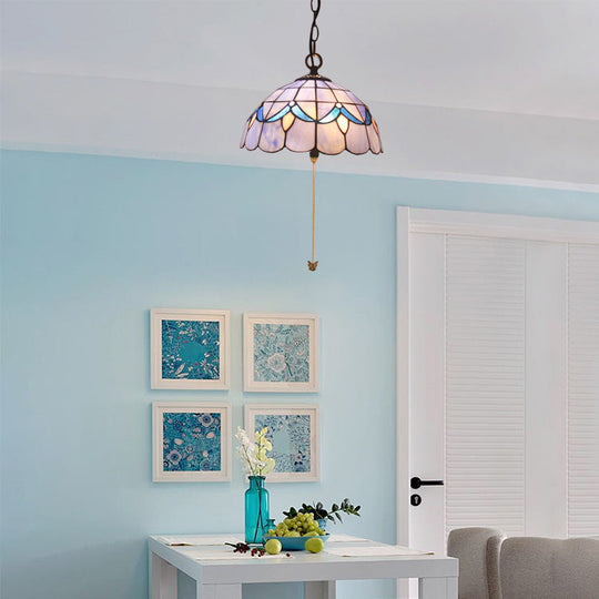 Handcrafted Beige/Blue Art Glass Dome Ceiling Lamp - Antique Pendant Light with Suspension - 1 Bulb