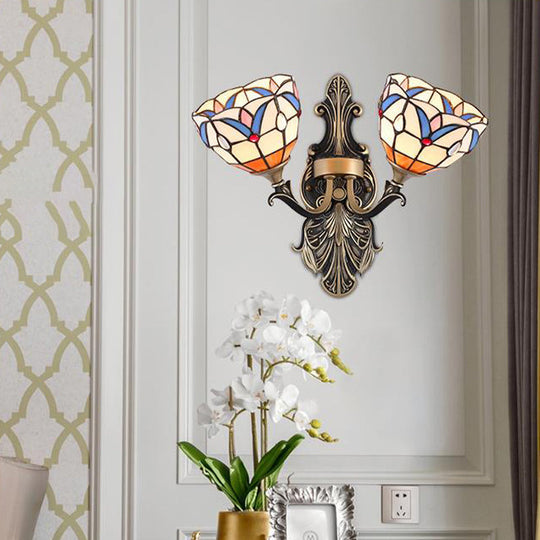 Mediterranean Dome/Flower Stained Art Glass Sconce - Wall Mounted Light For Bedroom Red/Pink/Orange