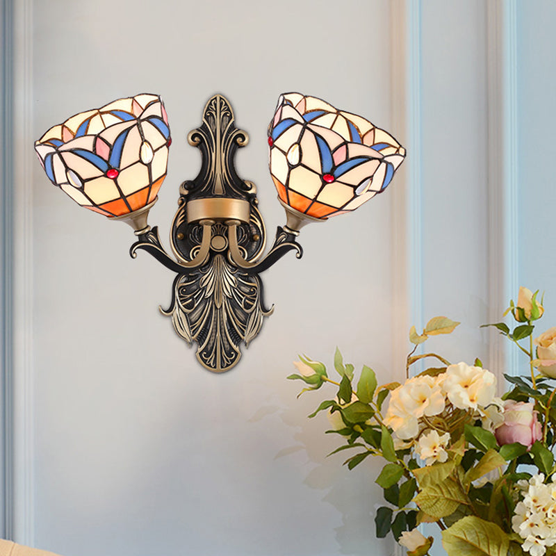 Mediterranean Dome/Flower Stained Art Glass Sconce - Wall Mounted Light For Bedroom Red/Pink/Orange