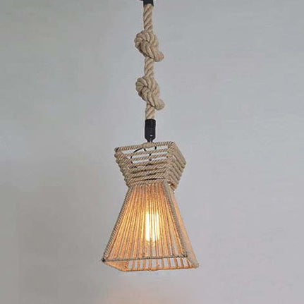 Lodge Stylish 1 Head Pendant Light - 12"/16" W - Rope Cage Shade - Hanging Fixture - Beige