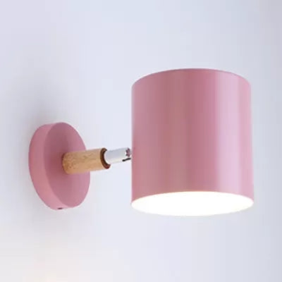 Child Bedroom Rotatable Cylinder Wall Light - Macaron Style Metal Lamp Pink