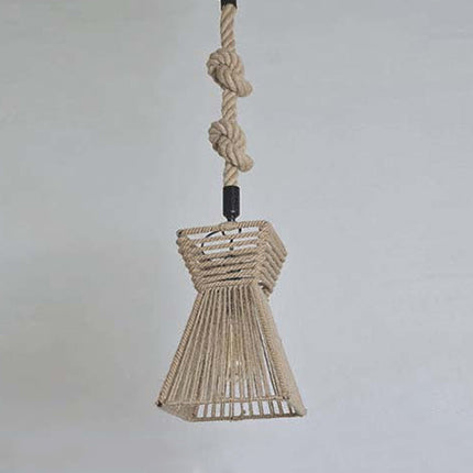 Rustic Rope Cage Pendant Light: 12/16 W Lodge Style Hanging Fixture For Restaurants In Beige