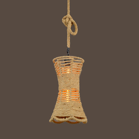 Rustic Rope Cage Pendant Light: 12/16 W Lodge Style Hanging Fixture For Restaurants In Beige / 16