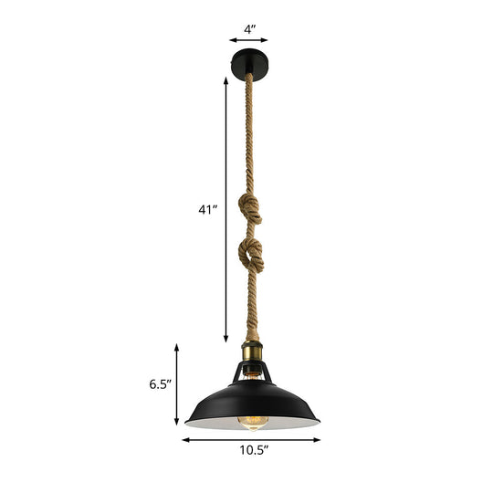 Industrial Metal Pendant Lamp: Barn-Style Shade, 1 Light, Black/White Ceiling Fixture with Hanging Rope